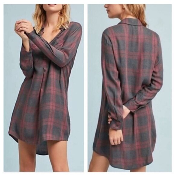 Anthropologie Cloth & Stone Women's Size S Gray Plaid Long Sleeve Shirt Dress - Picture 2 of 14